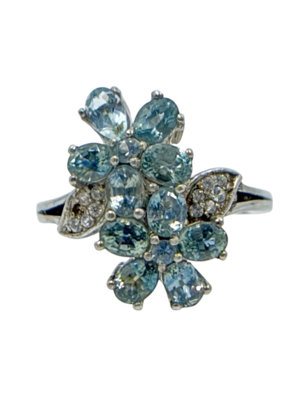 Sterling silver blue topaz & cubic zirconia flower ring - GM754
